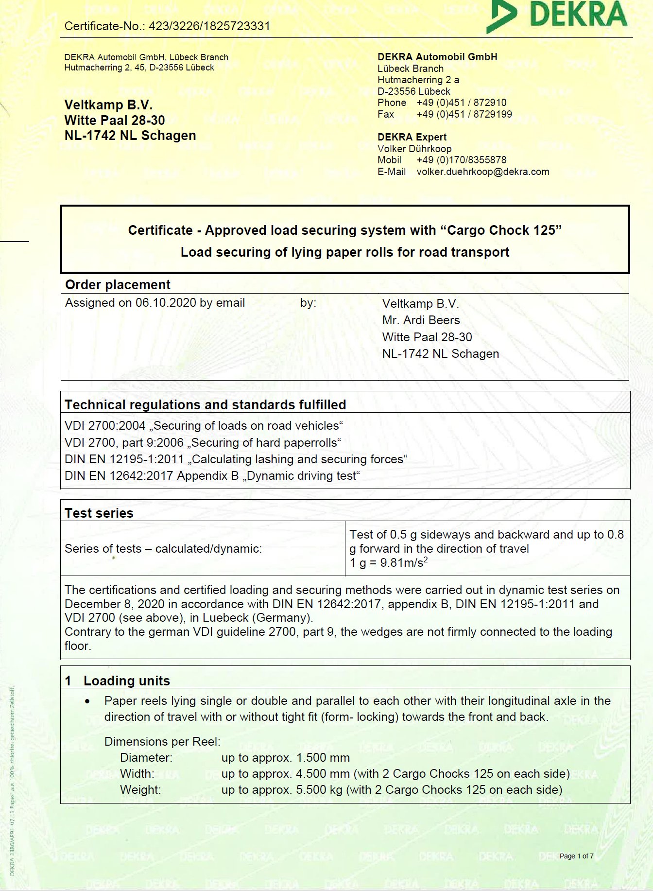 Certificat de cale de chargement - CC125 Veltkamp BV